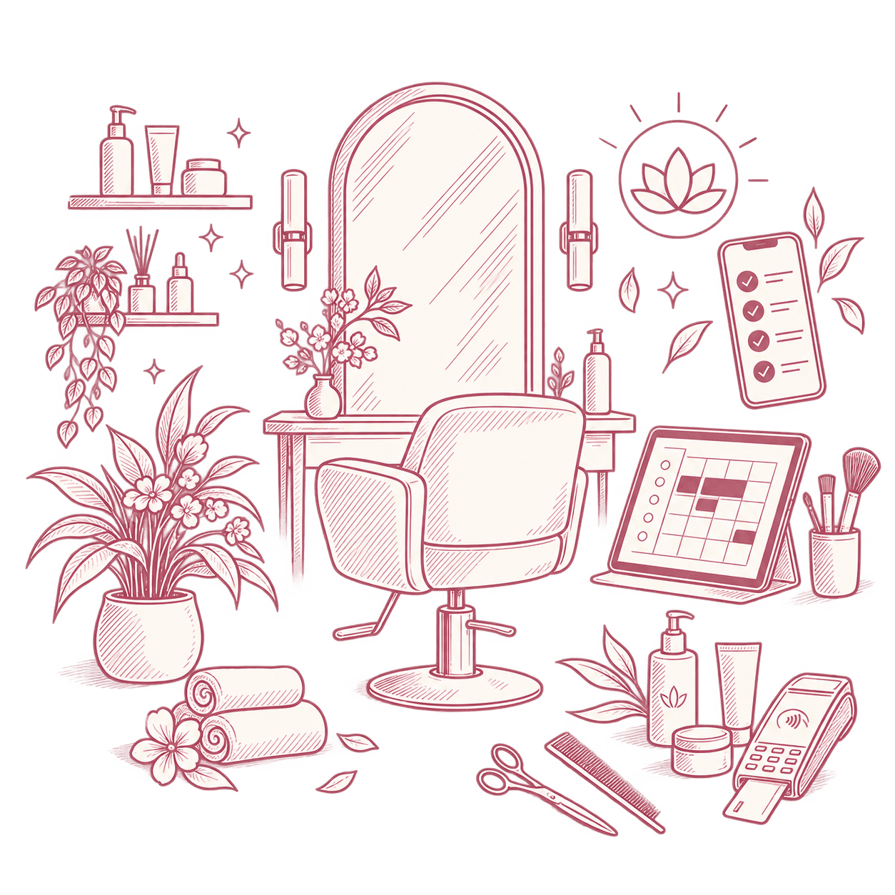 Illustration d’un salon de beauté avec son agenda sur tablette, la réservation sur mobile et un terminal de paiement